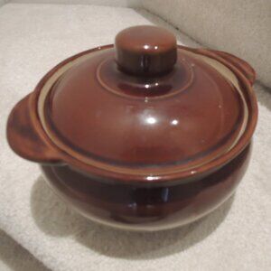 Crock Pot w/Lid from Monmouth IL Pottery Stoneware Bean Pot - Maple Leaf Logo